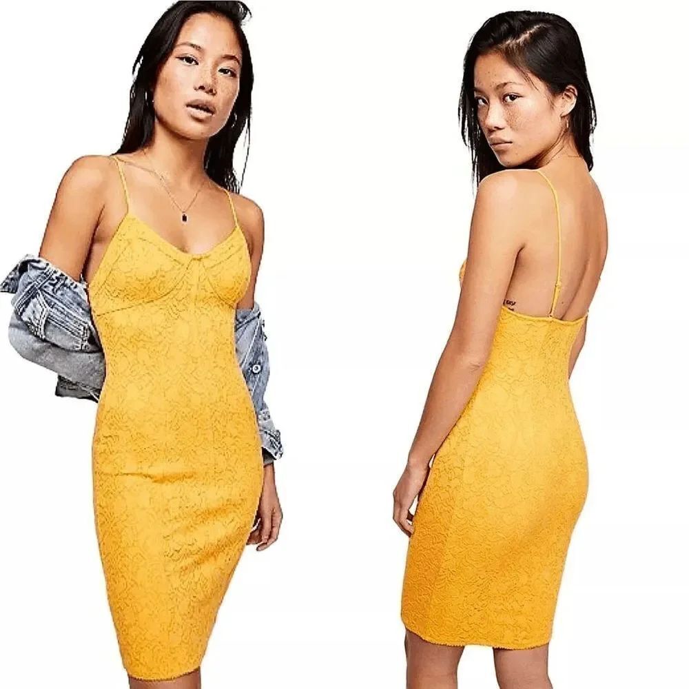 Free People Light Me Up Golden Yellow Floral Lace Slip Bodycon Dress Large